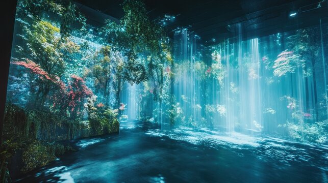 Immersive waterfall and lush foliage indoor environment.