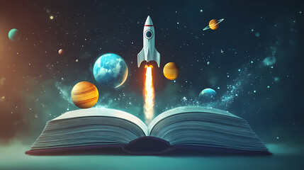 Naklejka premium Space adventure begins from an open book in a cosmic setting. Generative AI