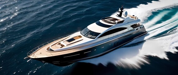 A captivating aerial view of a luxury yacht cruising through ocean waves creating foam and sparkling reflections that evoke joy and freedom