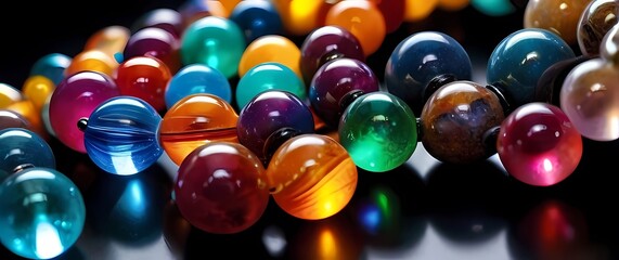 A captivating close up of rainbow colored gemstone beads arranged artistically creating a sense of vibrancy and luxurious artistry