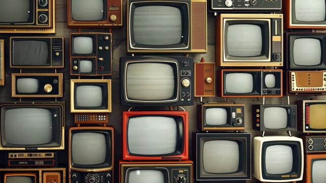 Many retro televisions. Vintage old fashioned TV. Seeing the past. Pattern wall of pile old Antique television (TV). Media background.