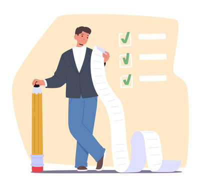 Businessman cartoon character checking daily job routine schedule reading to-do list business plan
