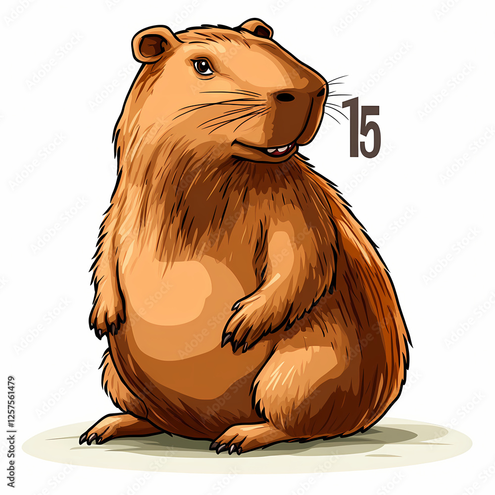 Poster cute capybara character with a number 15 next to it in a cartoon style. generative ai