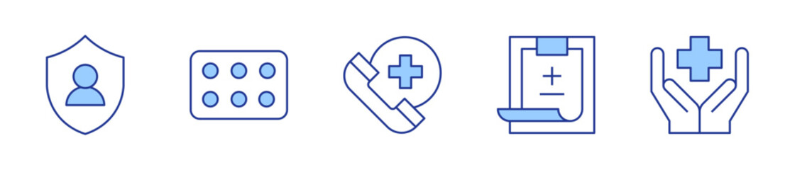 benefits, contraceptive pills, emergency, medical history, shield. Healthcare Icon vector illustration. Line Duotone style. Editable stroke