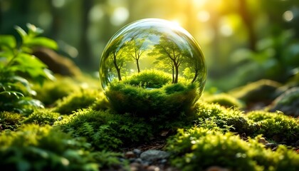 Crystal globe, Earth, lush green moss, ferns, forest floor, dappled sunlight, environmental conservation