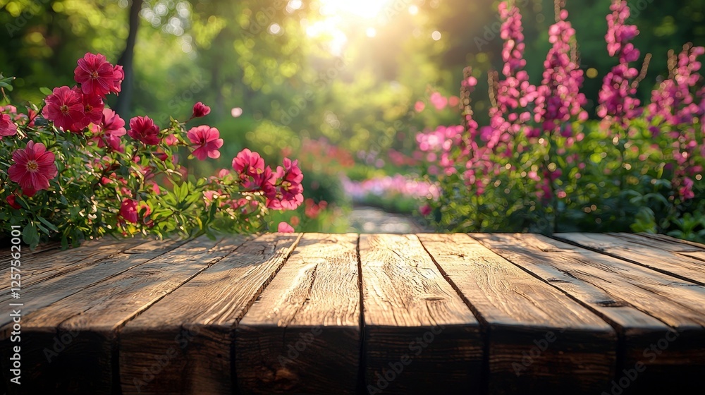 Poster an empty wood table top with a blurred green tree and flower in the background of a public park - id