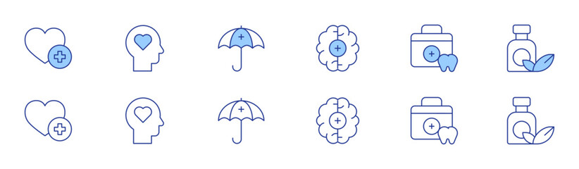 Healthcare icon set in two styles, Duotone and Thin Line style. Editable stroke. brain, dentist, heart, medicine, physical wellbeing, umbrella