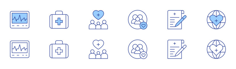 Healthcare icon set in two styles, Duotone and Thin Line style. Editable stroke. cardiogram, family, first aid kit, registration form, support, world