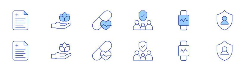 Healthcare icon set in two styles, Duotone and Thin Line style. Editable stroke. family, health report, lotus flower, magnesium, pulse, shield