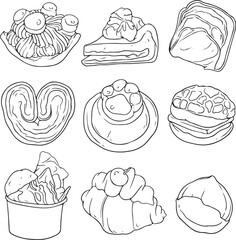 Hand-drawn vector illustration of various pastries and baked goods, including croissants, cakes, bread, muffins, and cookies. Perfect for menus, bakery branding, coloring books, and food designs.