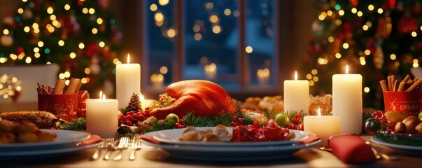 A festive dining table adorned with a variety of delicious dishes, candles, and holiday decorations, creating a warm, inviting atmosphere.