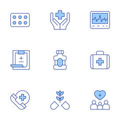 Healthcare icons set. Line Duotone style, editable stroke. benefits, cardiogram, contraceptive pills, emergency, first aid kit, medical history, mouthwash, pill, support