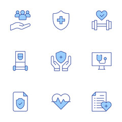 Healthcare icons set. Line Duotone style, editable stroke. community, computer, electrotherapy, fitness, health checkup, health insurance, heart beat, insurance