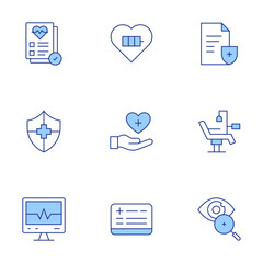 Healthcare icons set. Line Duotone style, editable stroke. chair, energy, eye, health, healthcare, heart rate monitor, insurance, medical record, safety