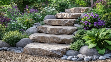 Obraz premium Garden stone steps leading through a landscaped bed of flowers