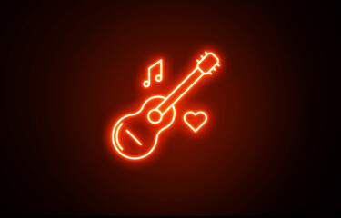 Guitar neon sign. Neon light glow effect. Electric guitar line icon. School Music Band Glowing Icon.  Music sign. Musical instrument symbol. 3d line neon glow icon. Musical instruments concept.