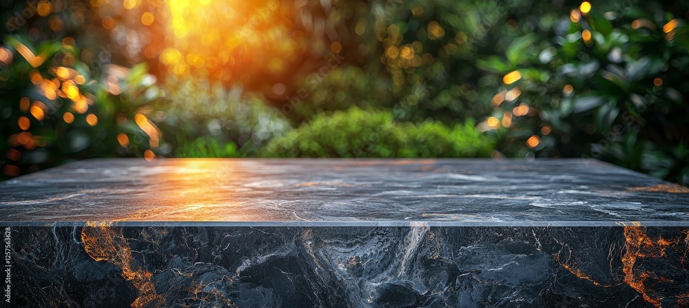 Poster a perspective view of a concrete floor or a cement shelf table with a blurred background of green tr