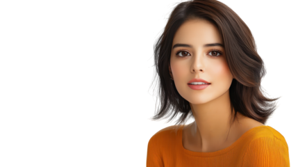 Portrait of a woman with long flowing hair in vibrant orange sweater, study in autumnal elegance