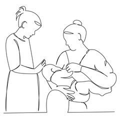 One continuous single drawing line art flat doodle happy, mom, one, illustration, mother, love, food, nursing. Isolated image hand draw contour on a white background
