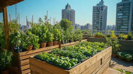 Fototapeta premium Urban rooftop oasis filled with thriving vegetable plants, herbs, and eco-friendly planters, symbolizing sustainable city farming and the healthy food revolution