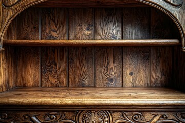 Kitchen cupboard featuring an open wooden shelf with available space