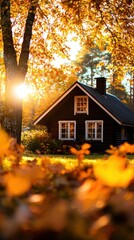 A cozy black house nestled in a golden autumn landscape, with sunlight filtering through vibrant foliage, creating a warm and inviting atmosphere.