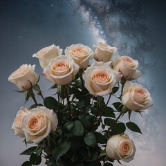 A pure white backdrop with a brilliant, starry night sky casting its light on a bouquet of roses.A