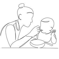 One continuous single drawing line art flat doodle happy, mom, one, illustration, mother, love, food, nursing. Isolated image hand draw contour on a white background
