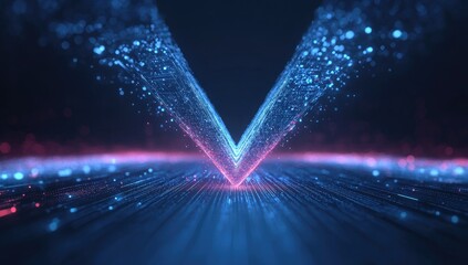 Abstract digital V shape, futuristic technology, glowing particles, dark background