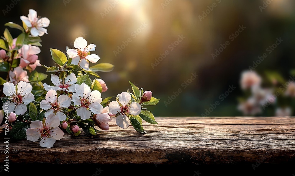 Poster a wooden table is situated in front of a blurred green background where spring or summer tree branch