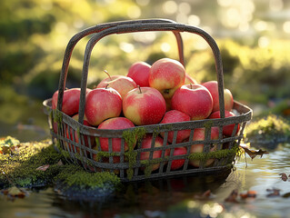 apples in a basket on the grass
