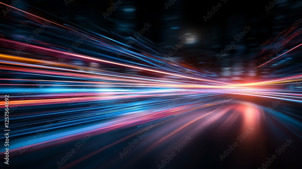 Poster dynamic 3d rendering of fast-moving abstract stripe lines with bright light flares. high-speed motio