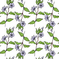 Seamless Pattern With Drawn Blooming Blue Branches