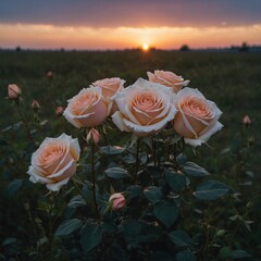 A pristine rose bouquet in a field at dusk, with soft starry light casting a glowing aura on each petal.