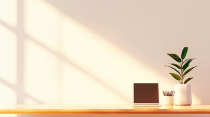 laptop, plant, and pens on desk