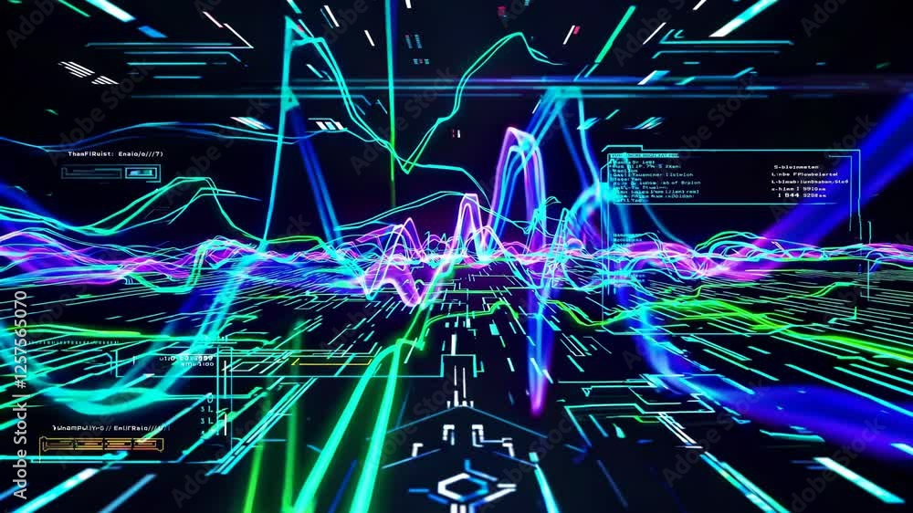 Leinwandbilder A high-tech interface showcasing pulsing, neon data waves in constant motion, each surge hinting at underlying analytical metrics in a futuristic digital environment.