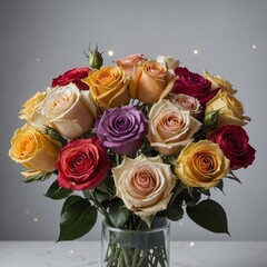 A soft, pastel-colored bouquet of roses gently illuminated by stars, placed in the center of a pure white background.