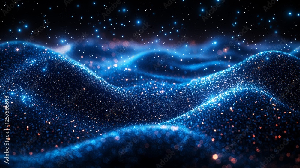Poster amidst the abstract world of cyber technology, digital particles undulate in a wave pattern, featuri