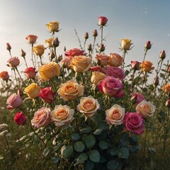 A colorful bouquet of roses in a serene meadow with soft light from the stars illuminating the petals, set against a white backdrop.
