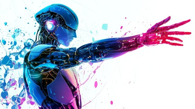 A futuristic superhuman robot with glowing neon circuits