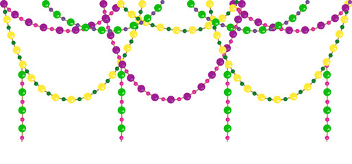 Vector image of hanging beads for Mardi Gras carnival. Colorful banner of party decorations. © Mariya
