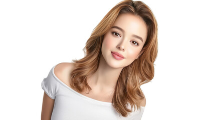 Fototapeta premium Portrait of a woman with flowing hair and crisp white shirt, study in elegance simplicity