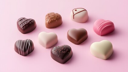 Obraz premium Assorted heart-shaped chocolates on pink background