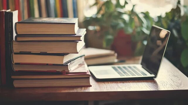 laptop books on the table. Selective focus