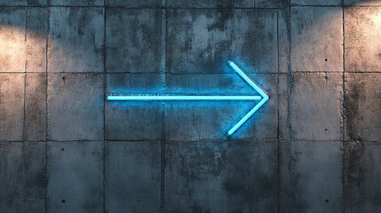 A vibrant blue neon arrow gleams against a textured concrete wall, hinting at direction and innovation. Simplistic design meets industrial backdrop.