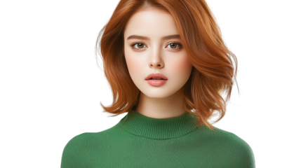 Stylish woman with auburn hair and green sweater, a fashion portrait