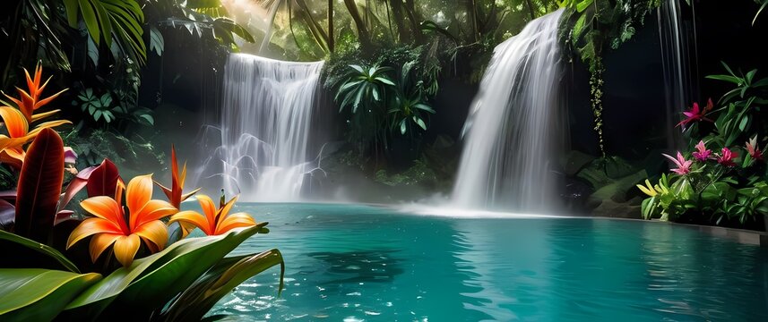 A stunning waterfall cascading into a crystal clear pool surrounded by lush jungles and tropical flowers inviting adventure and exploration