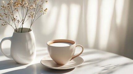 "Cup of coffee with a plant on table."
