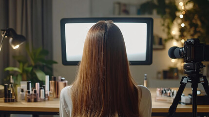 Online Content Creator: Woman filming makeup tutorial in home studio with professional camera and lighting setup. Perfect for beauty blogs & digital marketing.