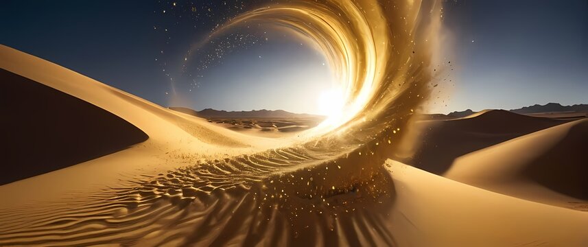 A surreal desert scene depicting a mirage of shimmering gold dust swirling in the wind evoking a sense of treasure and unattainable wealth